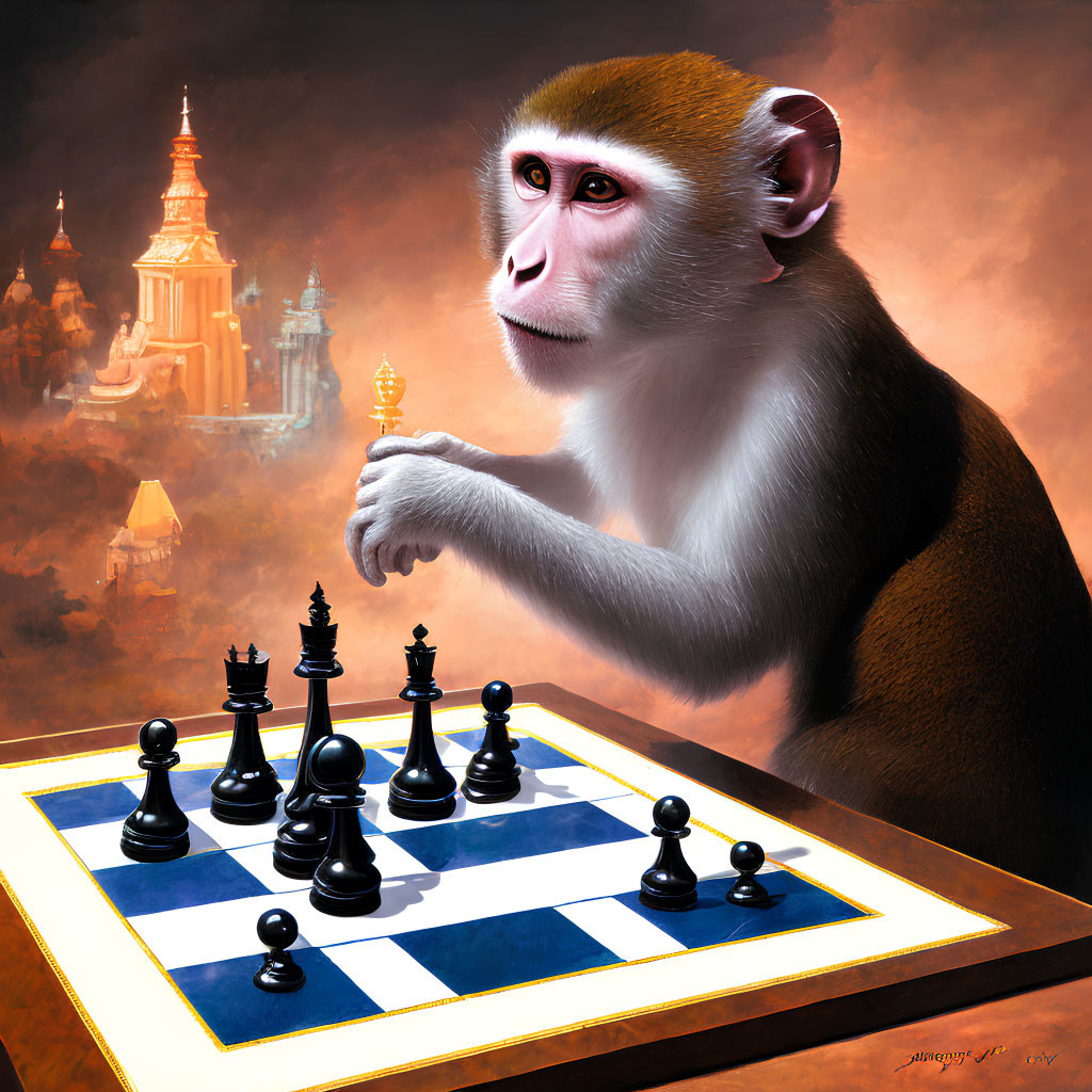 Monkey contemplating chessboard with golden temple backdrop