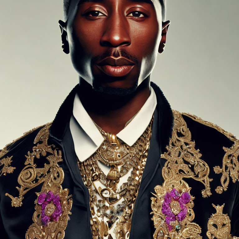 Solemn man in ornate black jacket with gold embroidery and purple gemstone accents