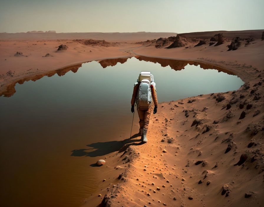 Astronaut in spacesuit walks towards water in desert landscape