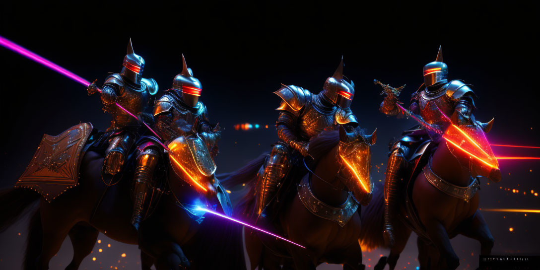 Futuristic armored knights on horseback with glowing lances in dark setting