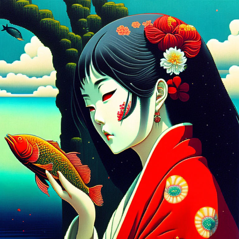 Traditional Japanese attire woman holding red fish with stylized trees and bird in night sky.