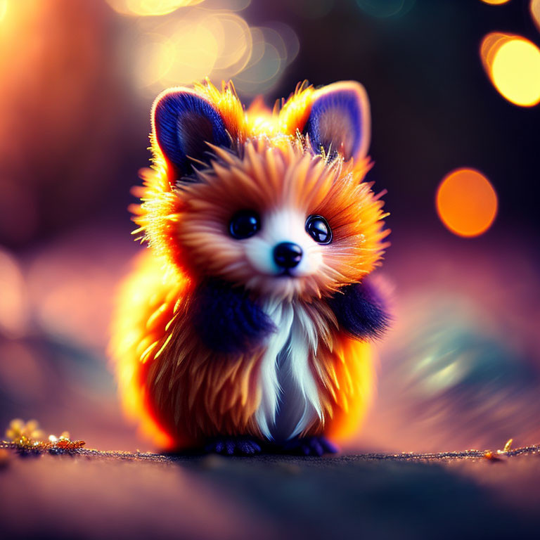 Fluffy orange and black creature with glowing edges on bokeh background