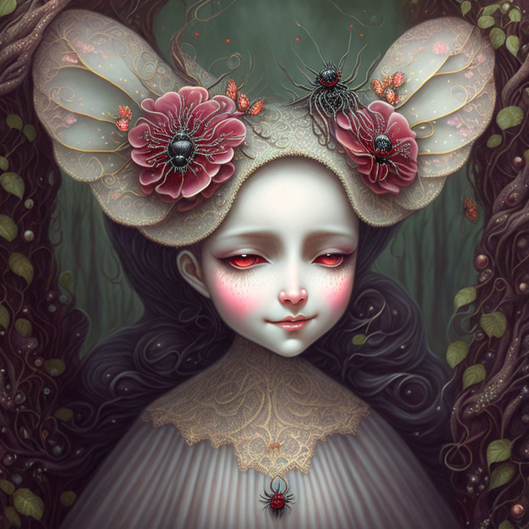 Stylized digital artwork of pale-skinned female with red eyes and floral ears, featuring black beet