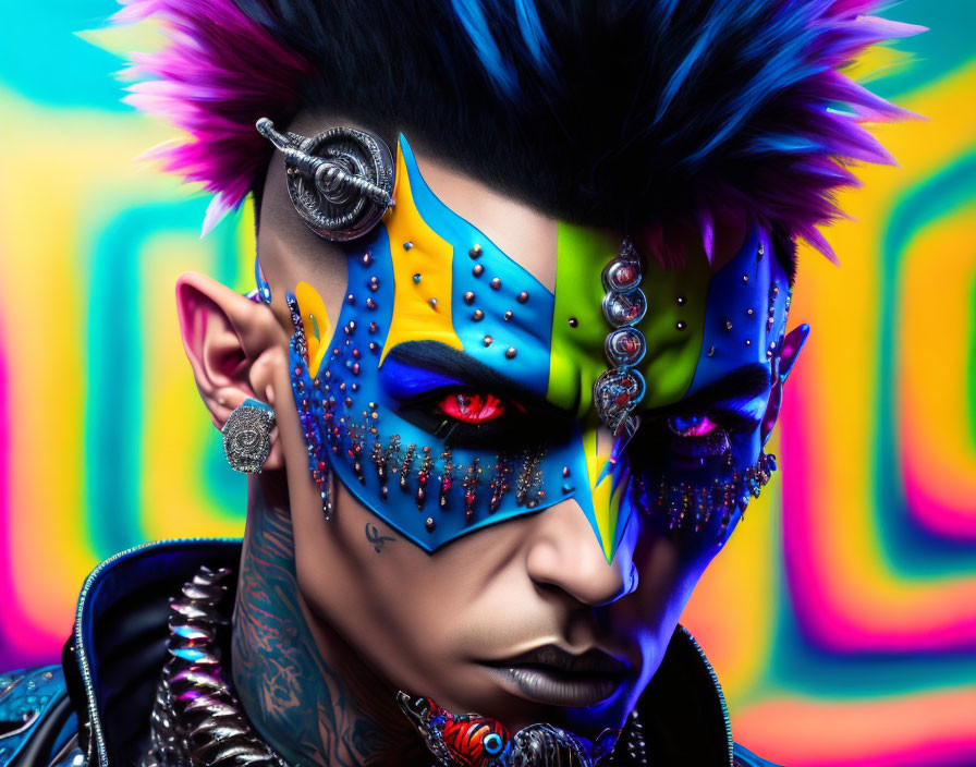 Colorful Punk Makeup with Spiked Hair & Facial Piercings on Rainbow Background