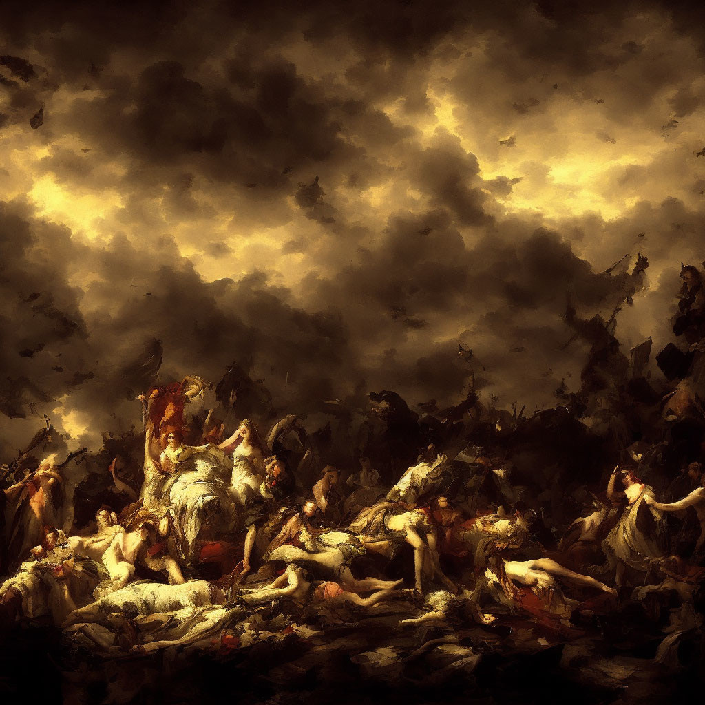 Classical painting of chaotic battle scene under dramatic sky