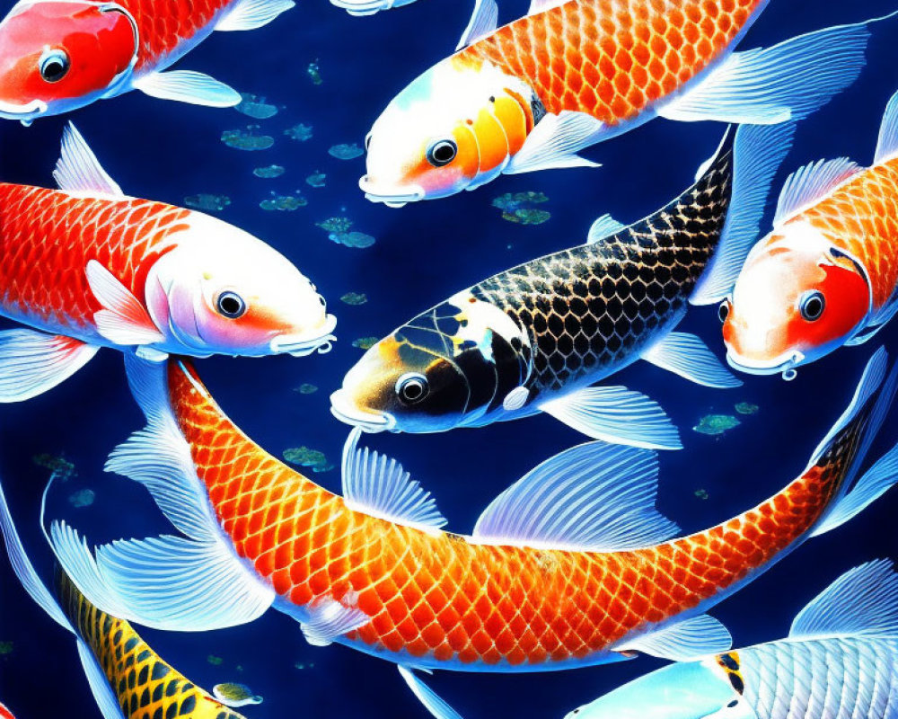 Colorful Koi Fish Illustration in Dark Blue Setting