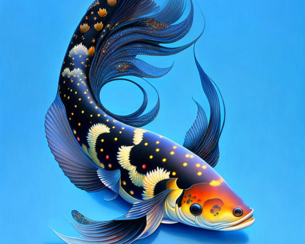 Colorful Koi Fish Illustration with Swirling Tail on Blue Background