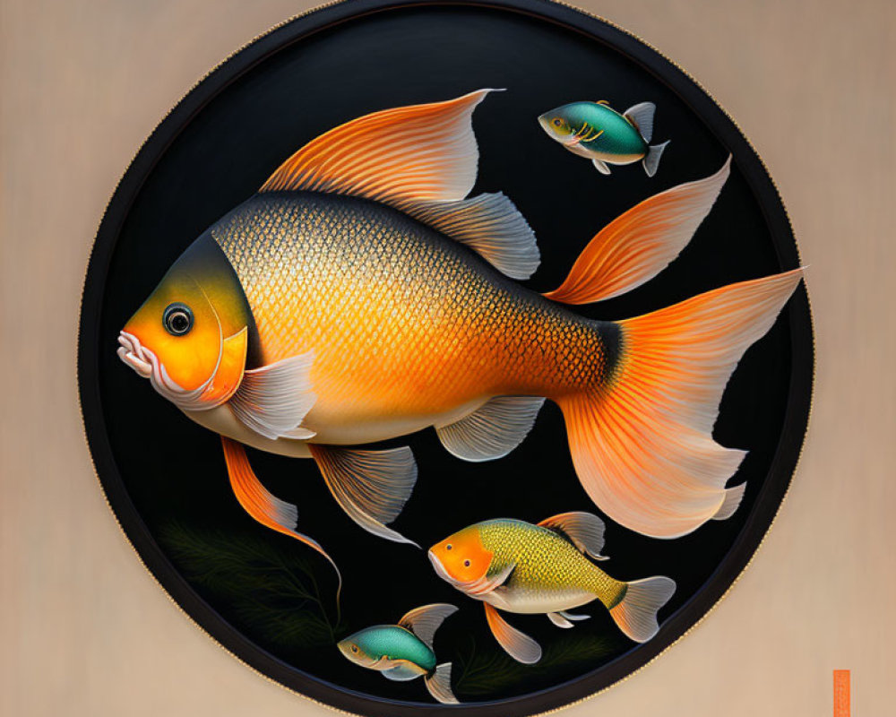 Colorful painting of large golden-orange fish with delicate fins and three smaller fish on tan background in circular