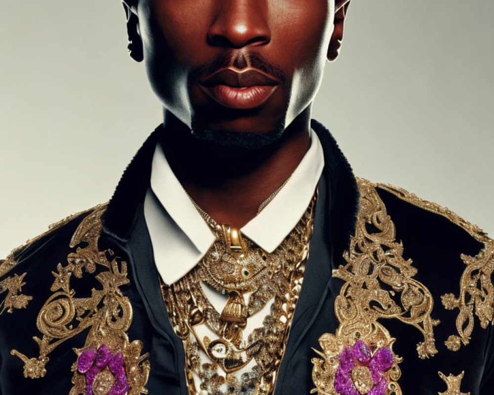 Solemn man in ornate black jacket with gold embroidery and purple gemstone accents