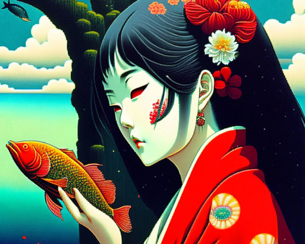 Traditional Japanese attire woman holding red fish with stylized trees and bird in night sky.