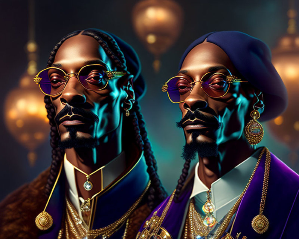 Stylized digital portraits of a man with braids in gold glasses and purple outfit