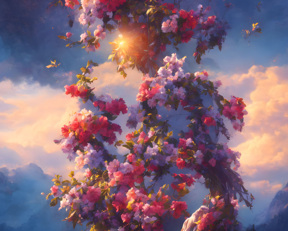 Colorful blooming flowers and butterflies in dreamy sky scene