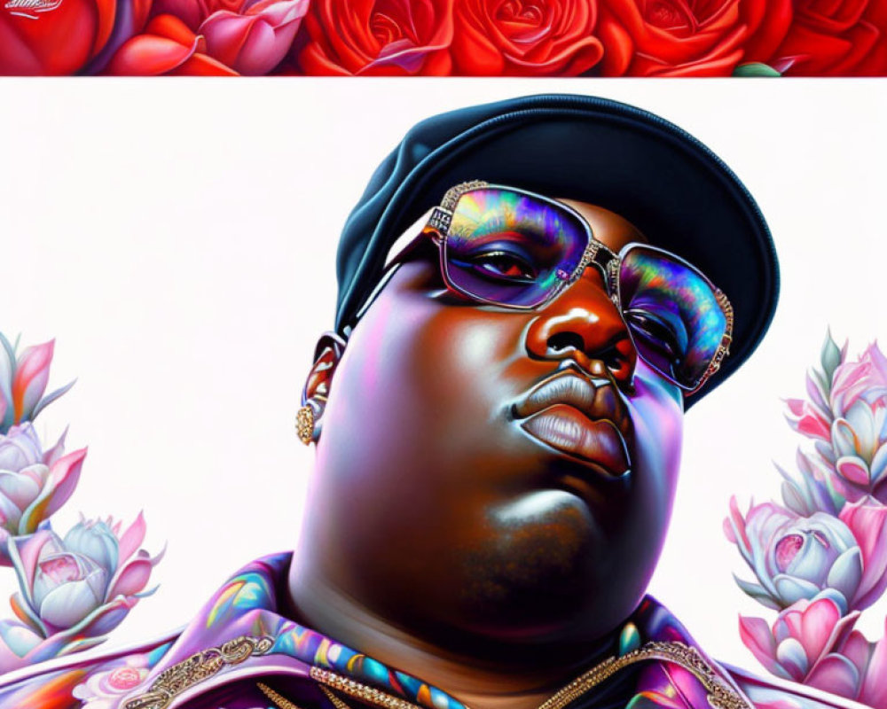 Colorful illustration: Person in sunglasses and baseball cap with vibrant roses.