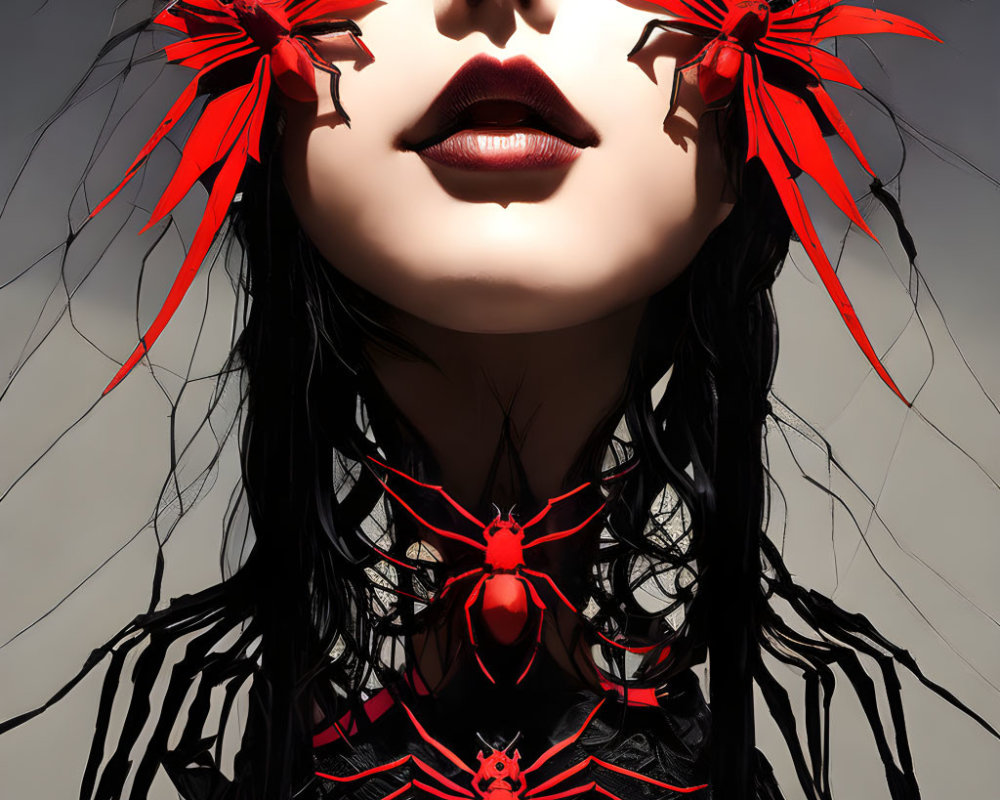 Pale-skinned woman with dark lipstick and red spider-themed accessories.
