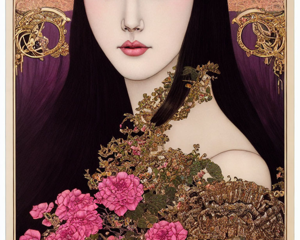 Illustrated woman with pale skin, dark hair, golden accessories, pink flowers, intricate designs