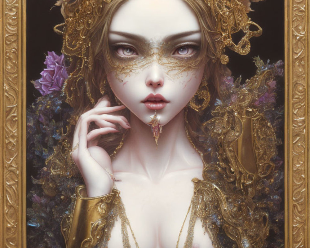 Detailed Fantasy Portrait of Female Figure with Golden Headpiece and Floral Accents