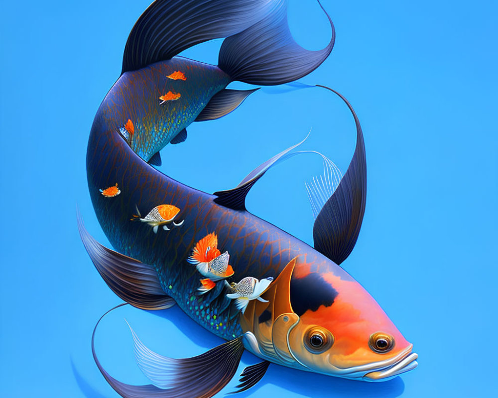 Colorful digital artwork featuring intricate fish design on blue background