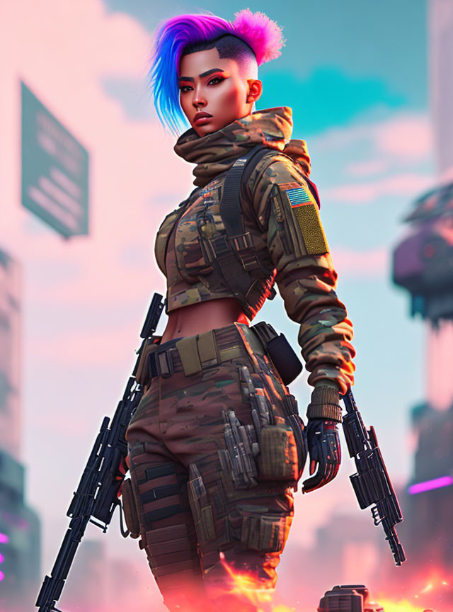 Blue and Purple Haired Person in Military Gear with Rifle in Futuristic Cityscape