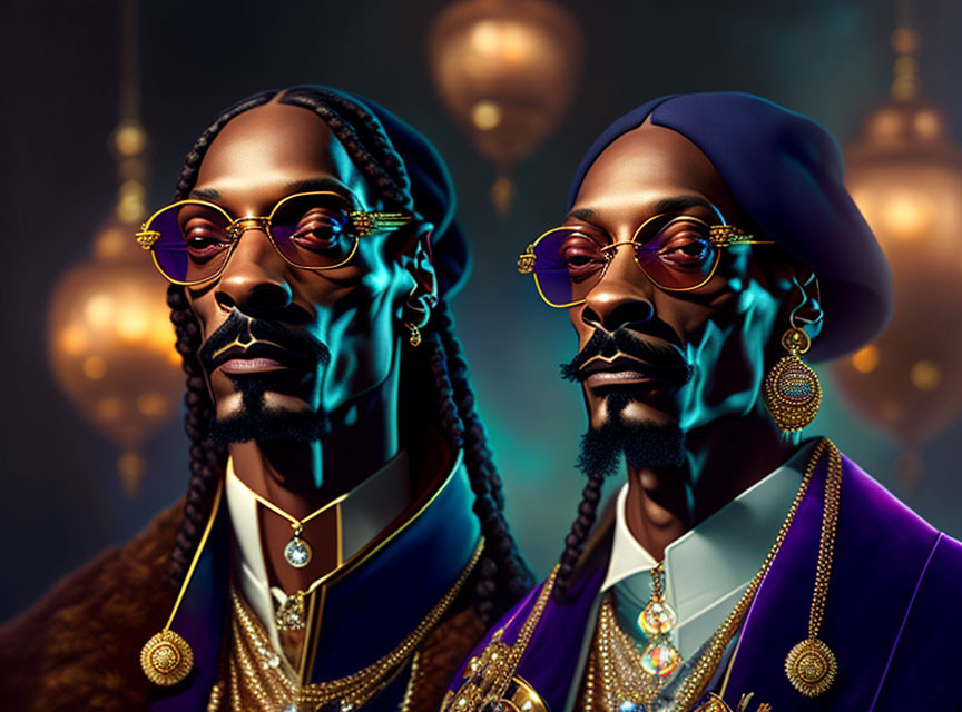 Stylized digital portraits of a man with braids in gold glasses and purple outfit