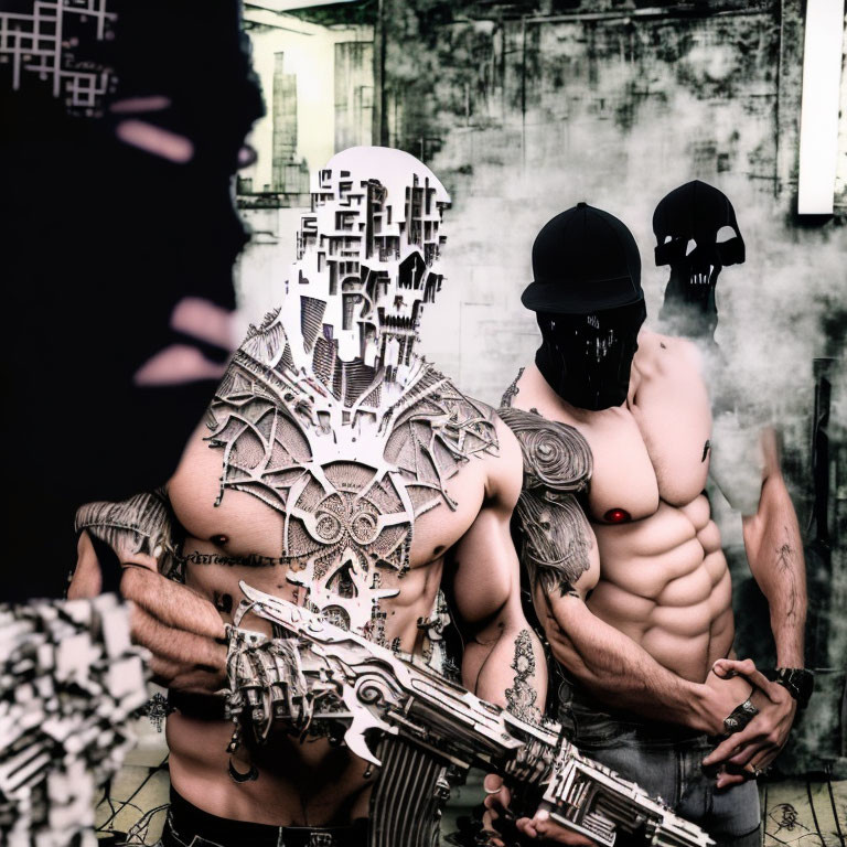 Three masked figures in gritty setting with glitched face, skull mask, and gun, displaying body art