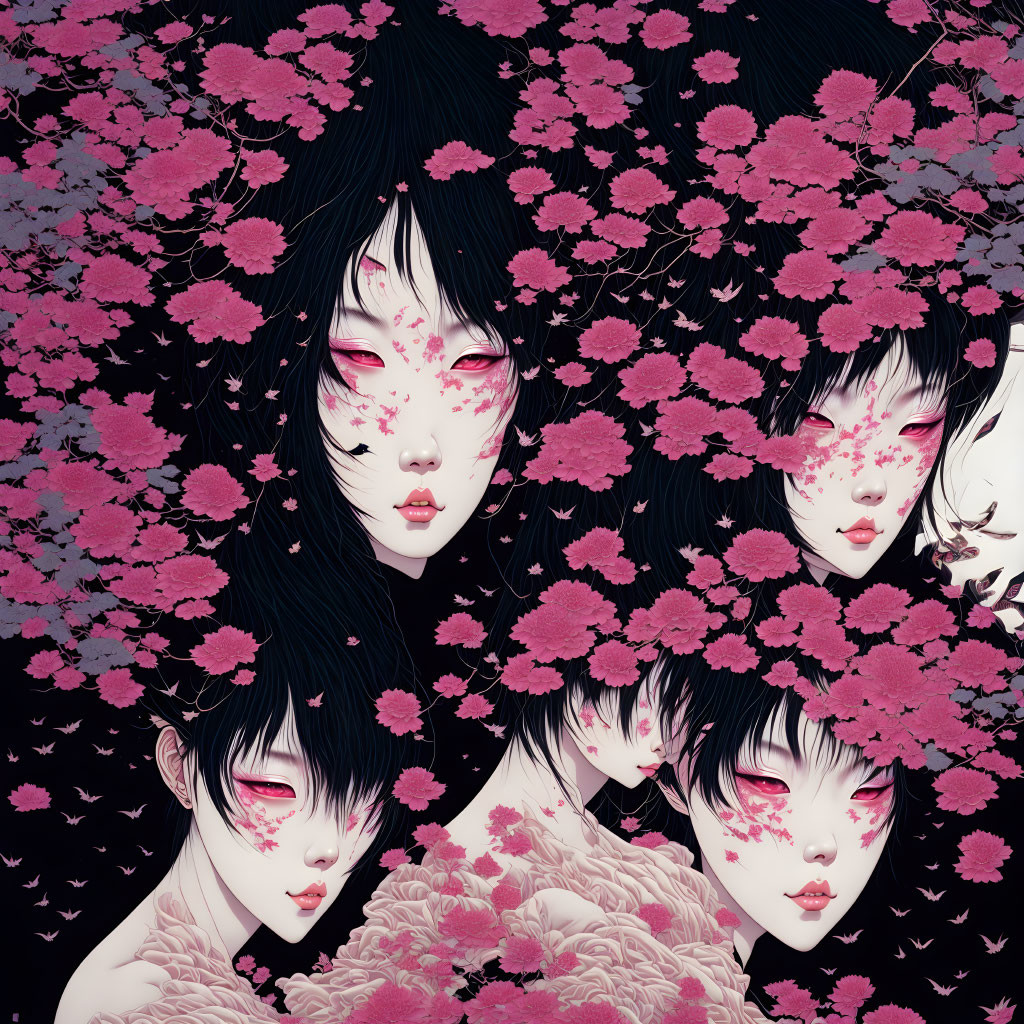 Four black-haired female figures among pink cherry blossoms in artwork