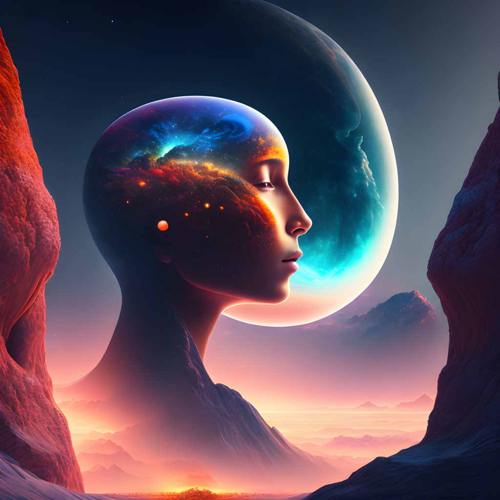 Silhouette with cosmic galaxy head, vibrant sunset, large moon