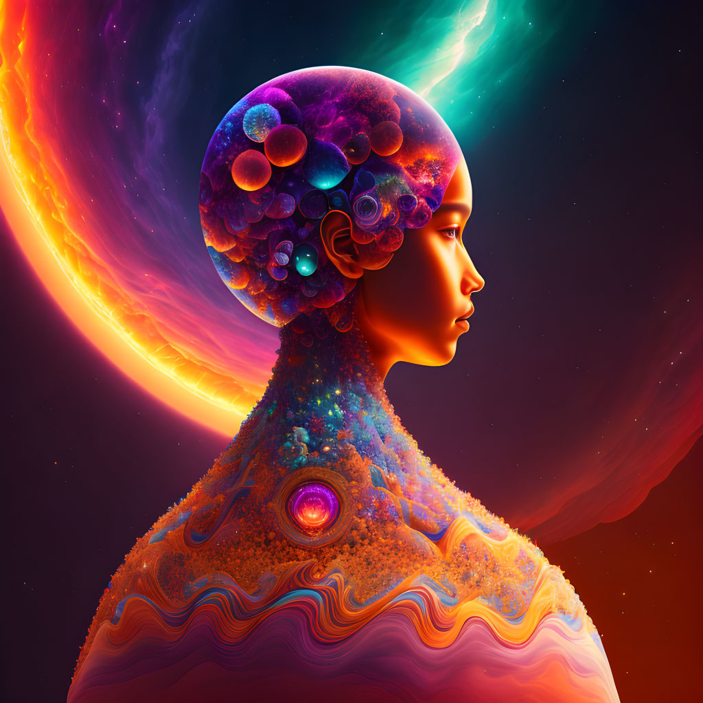 Colorful surreal portrait with cosmos-inspired head and swirling galaxies.