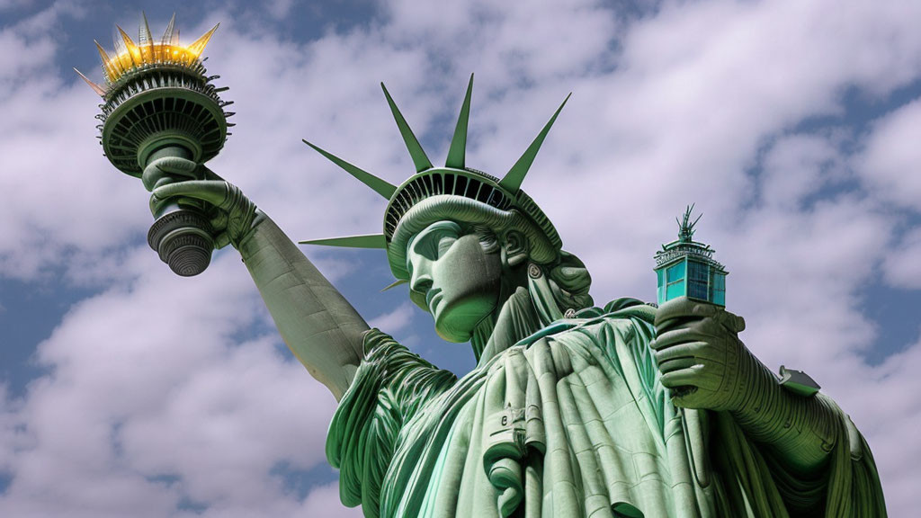 Statue of Liberty close-up against blue sky with crown, torch, and face.