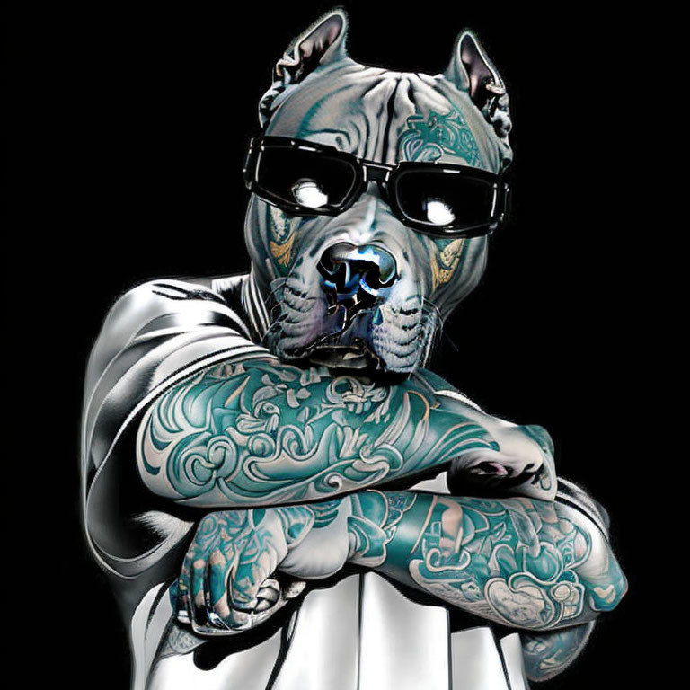 Anthropomorphic Dog with Sunglasses and Tattoos on Black Background