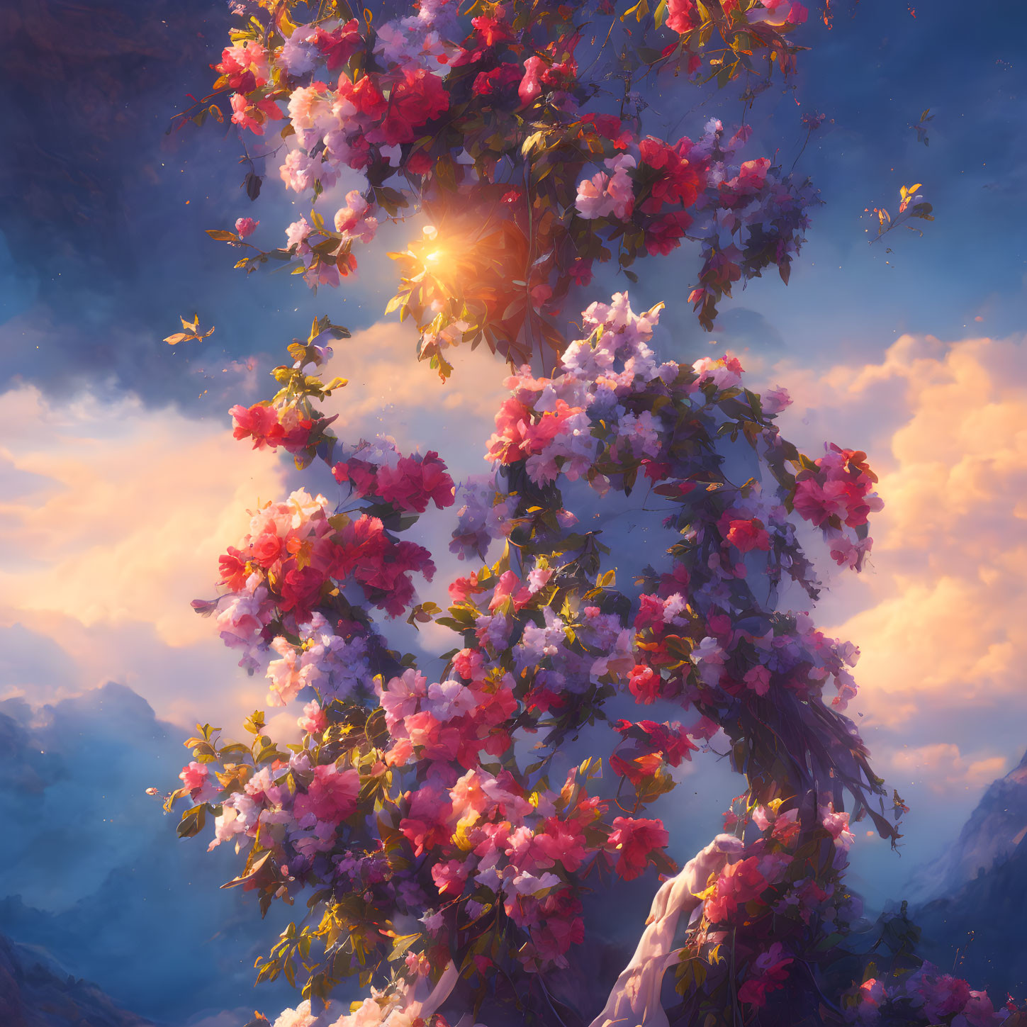 Colorful blooming flowers and butterflies in dreamy sky scene