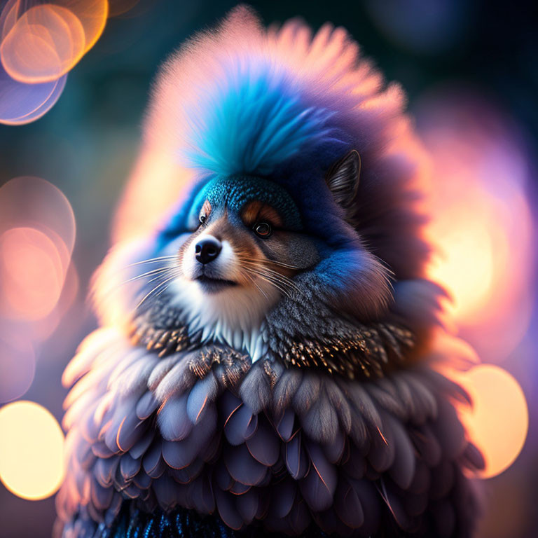 Blue tufted raccoon-faced creature with feathered layers on bokeh light backdrop