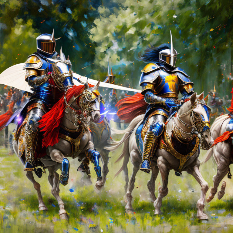 Armored knights on horseback charging through forest clearing