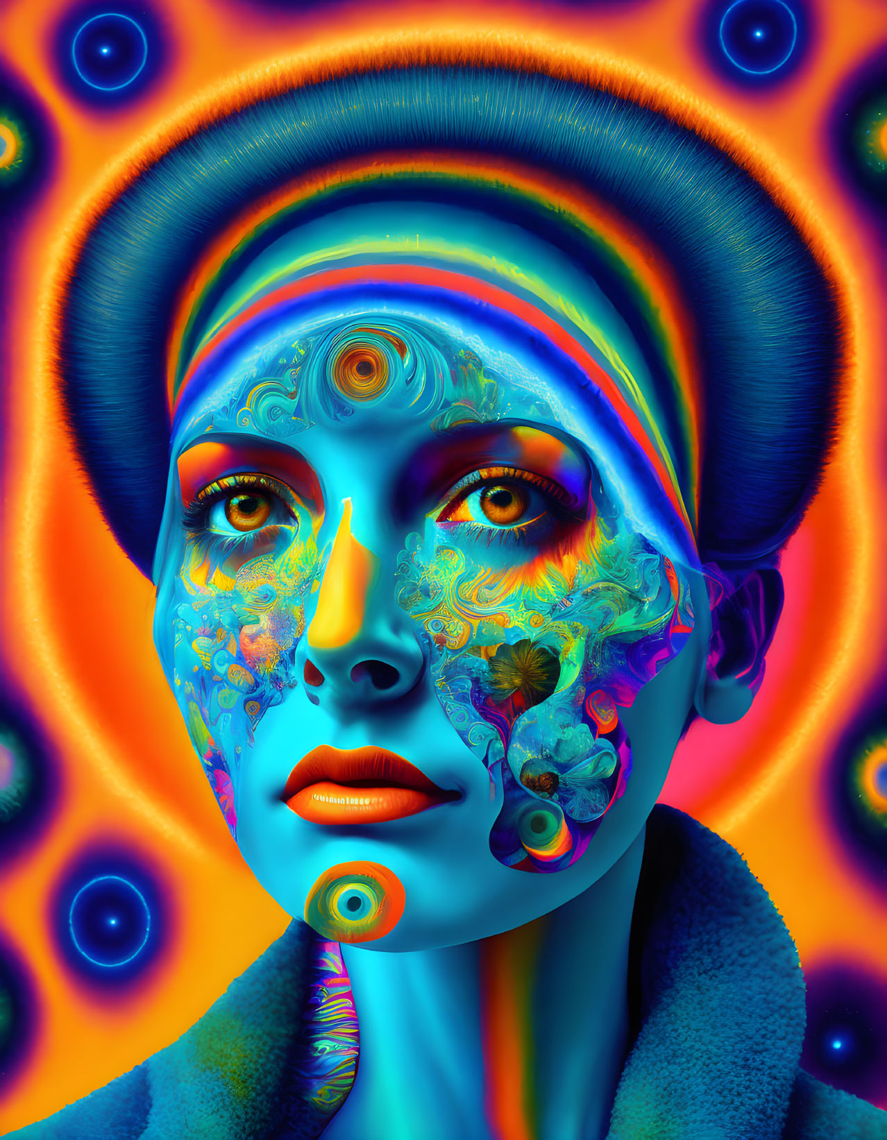 Colorful digital portrait with psychedelic patterns overlaying a person's face