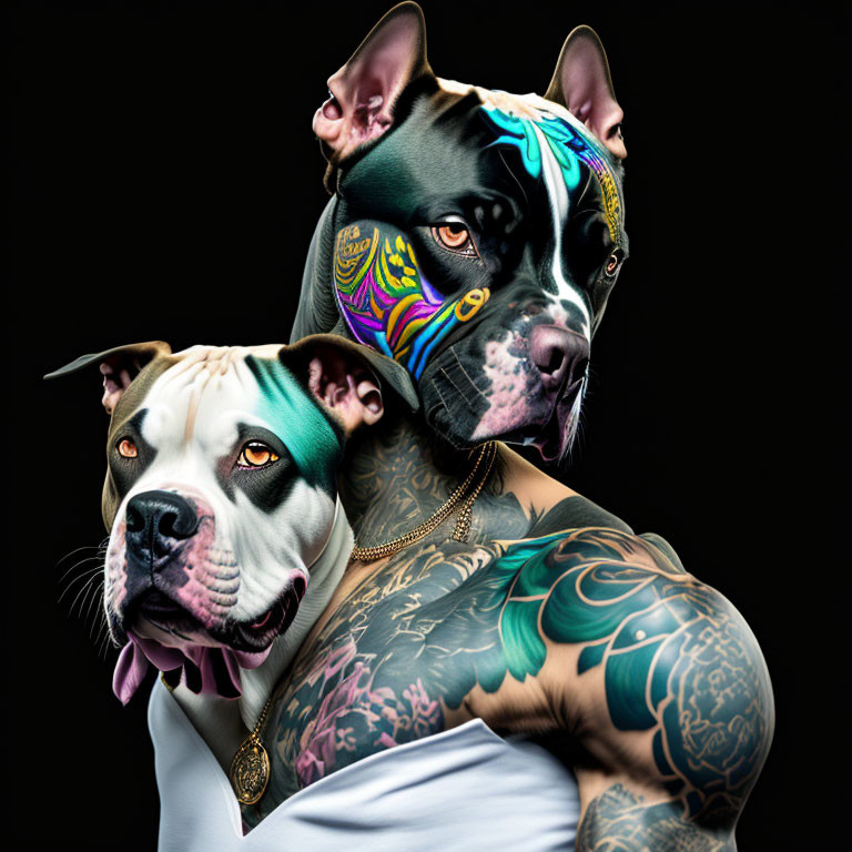 Intricately tattooed dogs with piercing eyes on black backdrop