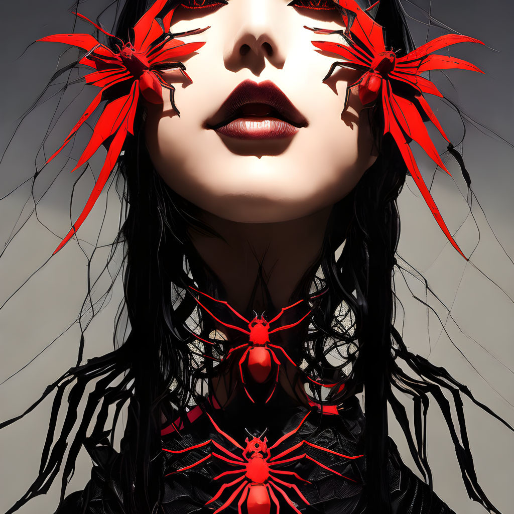 Pale-skinned woman with dark lipstick and red spider-themed accessories.