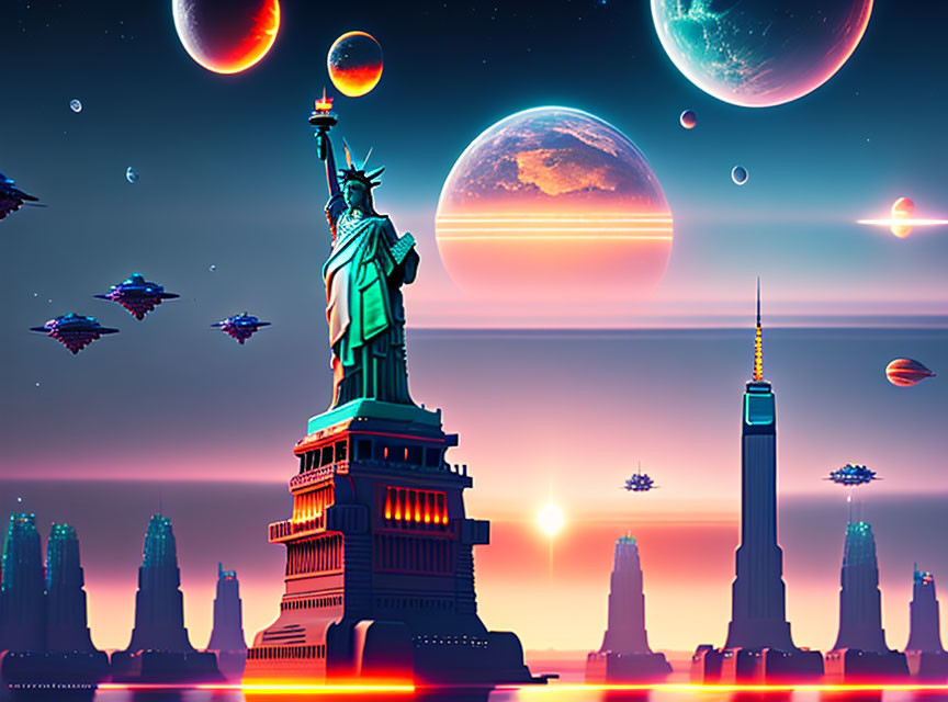 Futuristic New York City skyline with Statue of Liberty and flying vehicles in vibrant sky