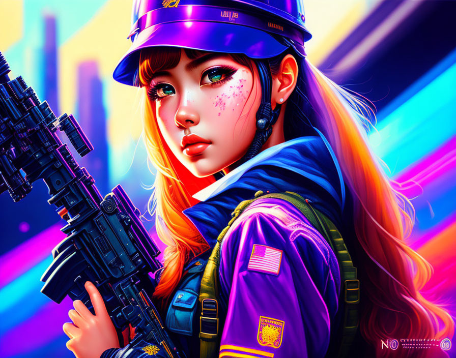 Anime-style female character with long hair in futuristic setting holding a gun