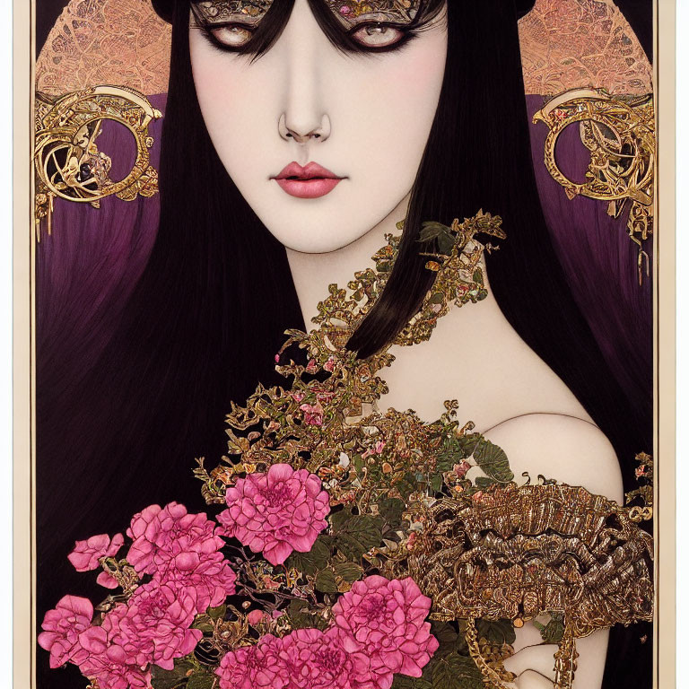 Illustrated woman with pale skin, dark hair, golden accessories, pink flowers, intricate designs
