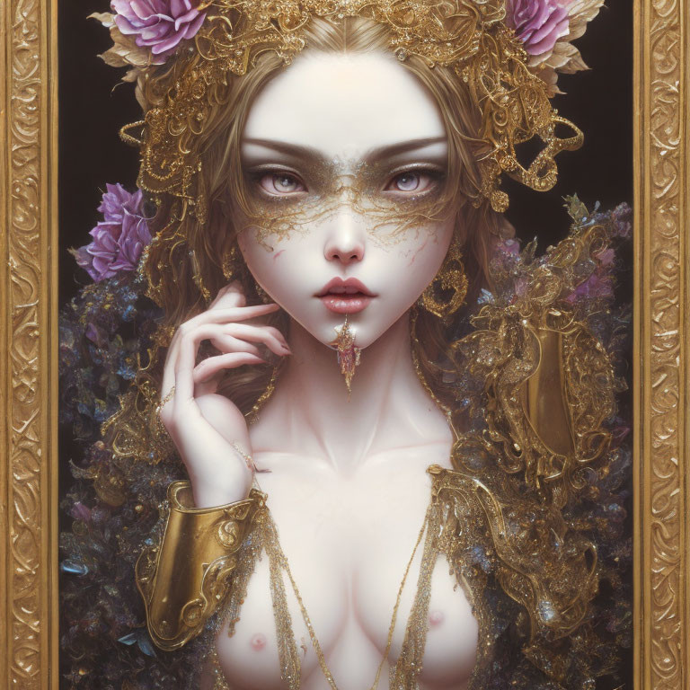 Detailed Fantasy Portrait of Female Figure with Golden Headpiece and Floral Accents