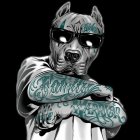 Anthropomorphic Dog with Sunglasses and Tattoos on Black Background