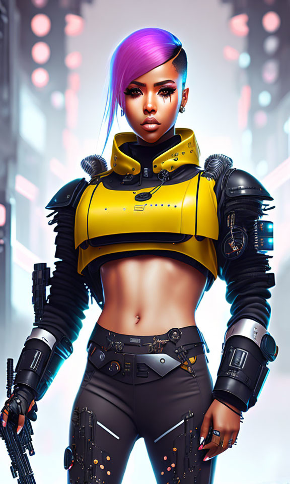 Futuristic warrior in neon-lit cyberpunk setting