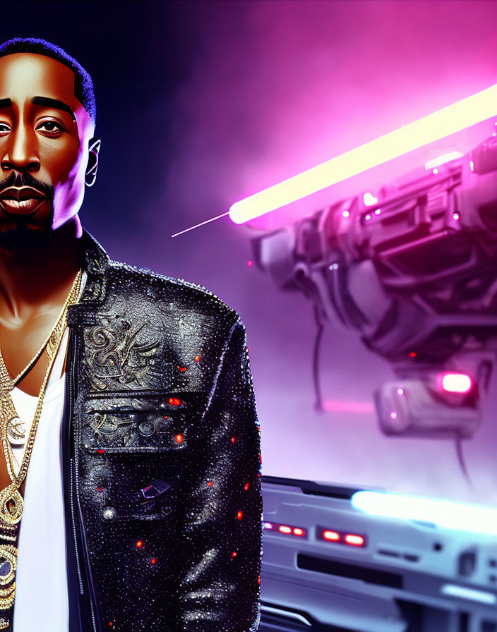 Man in Sparkling Jacket with Gold Chains in Futuristic Setting with Neon Lights and Hovering Drone