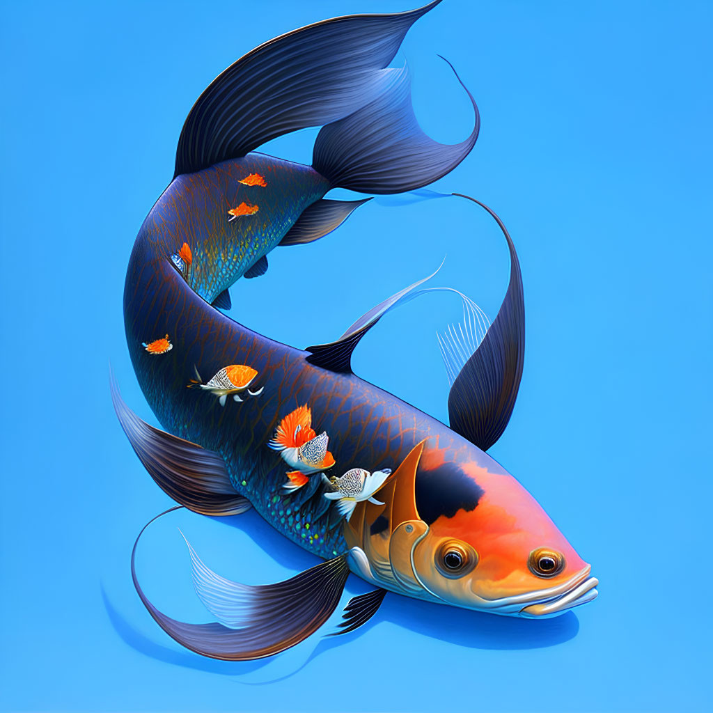 Colorful digital artwork featuring intricate fish design on blue background