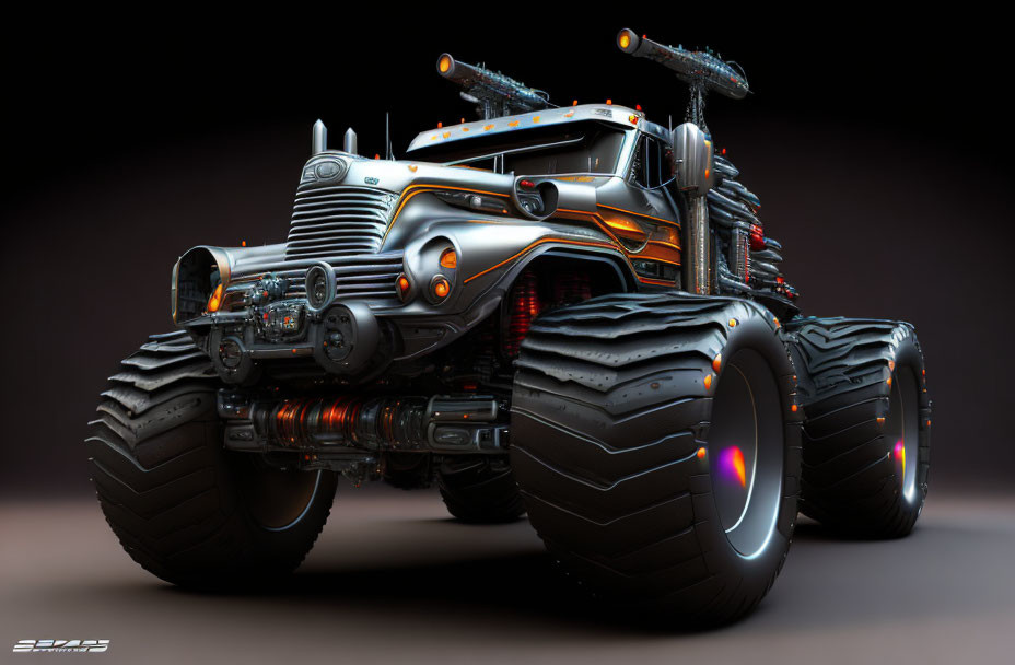 Futuristic heavy-duty truck with oversized tires and neon lights