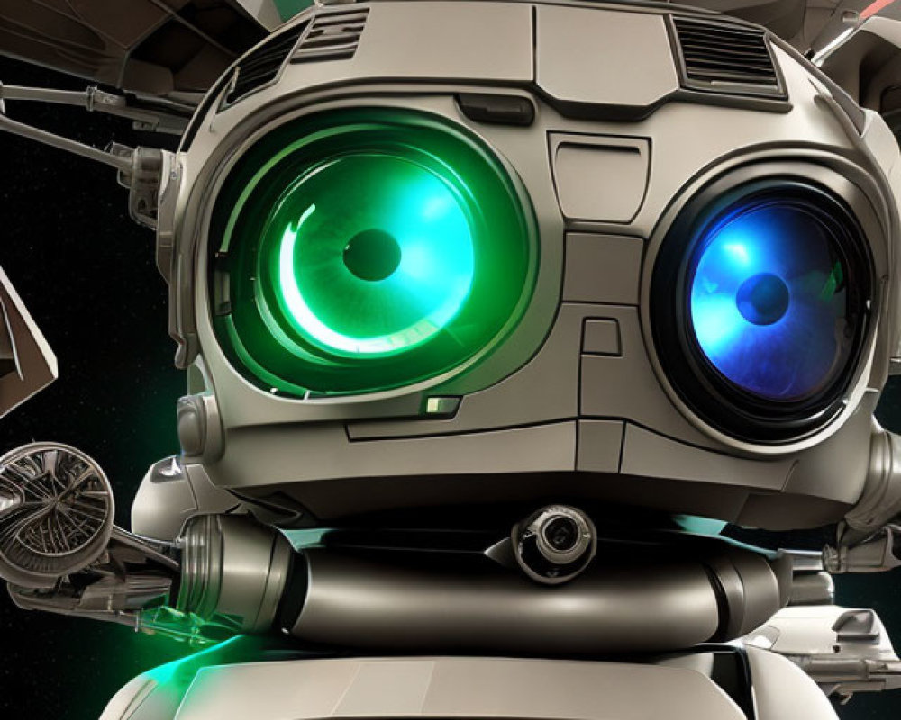 Close-up of robot's head with expressive green and blue eyes against sci-fi space backdrop.