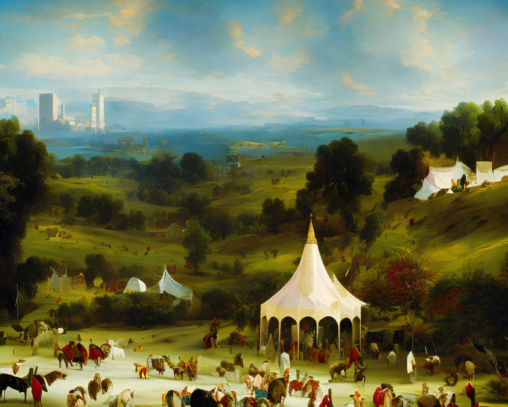 Pastoral landscape painting with classical and modern elements