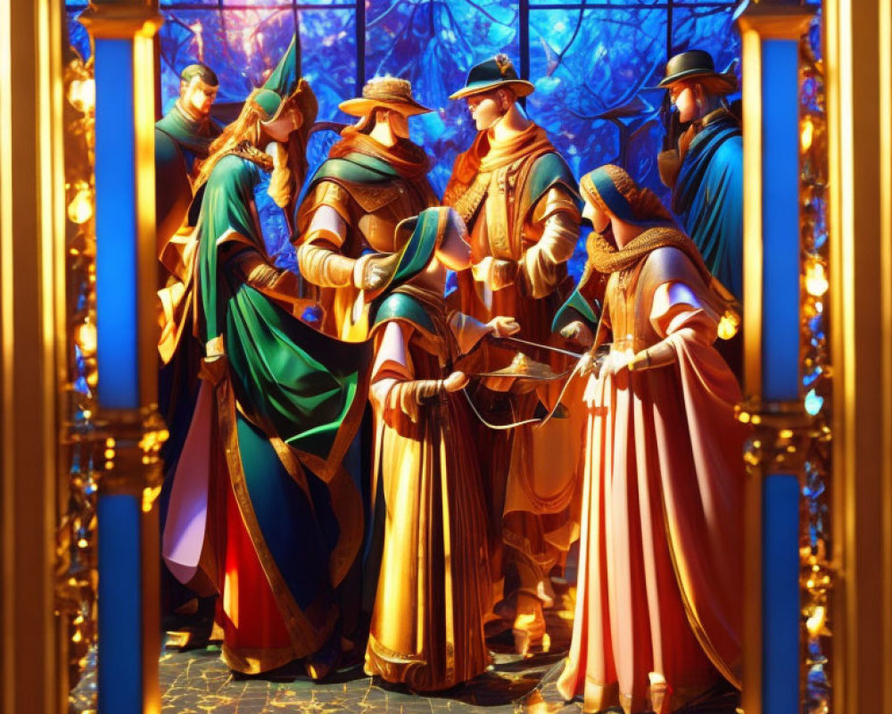 Colorful stained glass window depicting richly robed figures in a golden interior