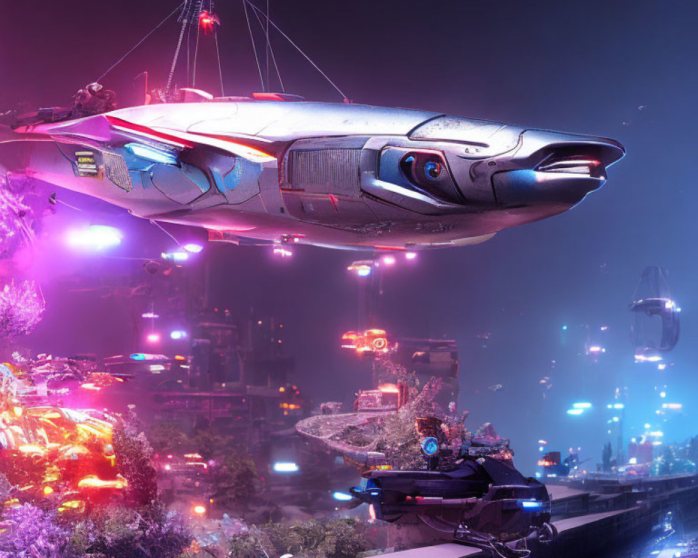 Futuristic spaceship in neon-lit cityscape with floating vehicles