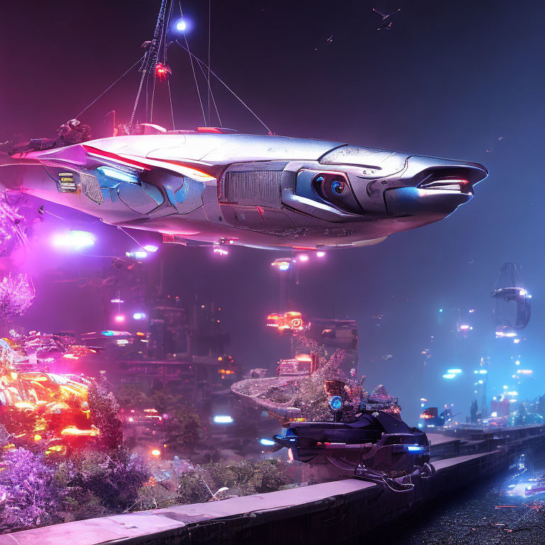 Futuristic spaceship in neon-lit cityscape with floating vehicles