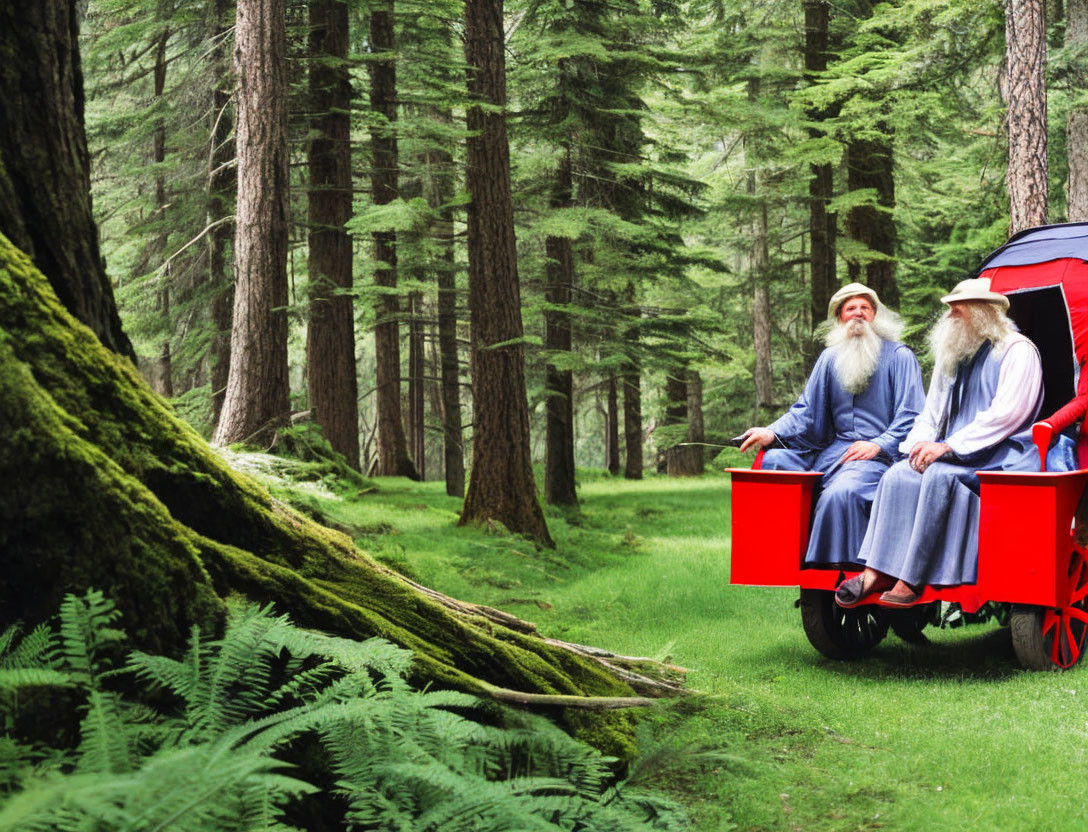 Two people in wizard costumes talking in red cart in green forest